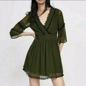 Zara Olive Green Chiffon Mini Dress with Swiss dots and Black Pom-Pom Details